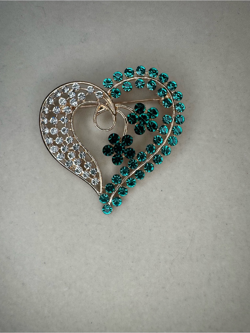 New Crystal Heart Brooch with Teal and Clear Stones